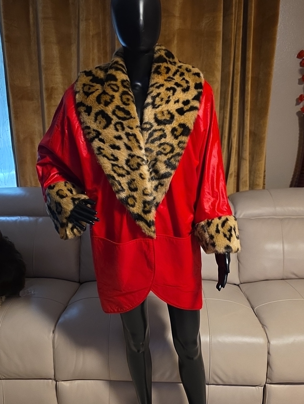 Sara Red Faux-Leather Coat with Leopard Faux-Fur Collar and Cuffs